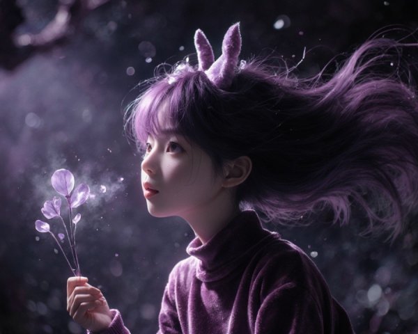 Young girl with purple hair and flowers in dreamy setting
