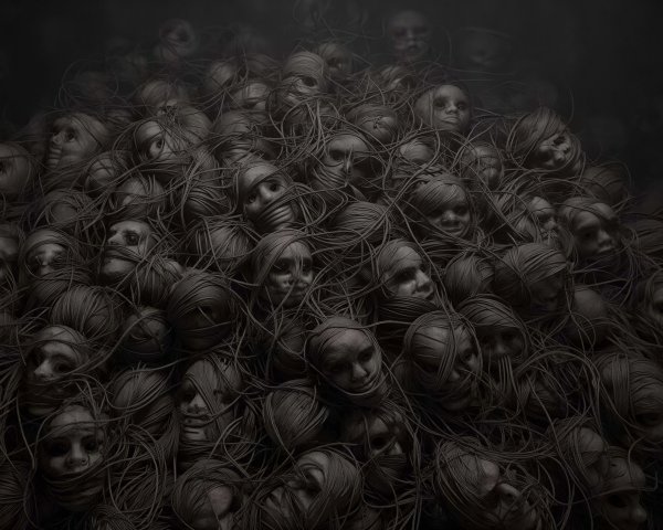 Eerie Composition of Doll Heads Wrapped in Yarn