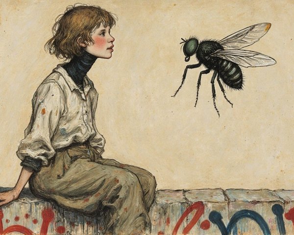 Child on Stone Ledge Observing a Large Fly