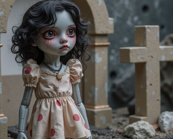 Haunting Doll in a Graveyard Setting with Grave Markers