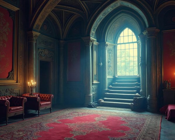 Ornate Gothic Hall with Vaulted Ceilings and Tapestries