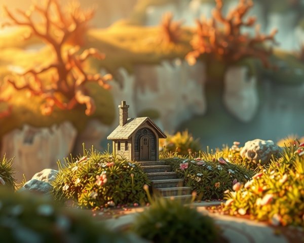 Miniature House in Vibrant Greenery and Flowers