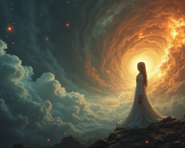 Silhouetted Woman in Gown Against Cosmic Vortex