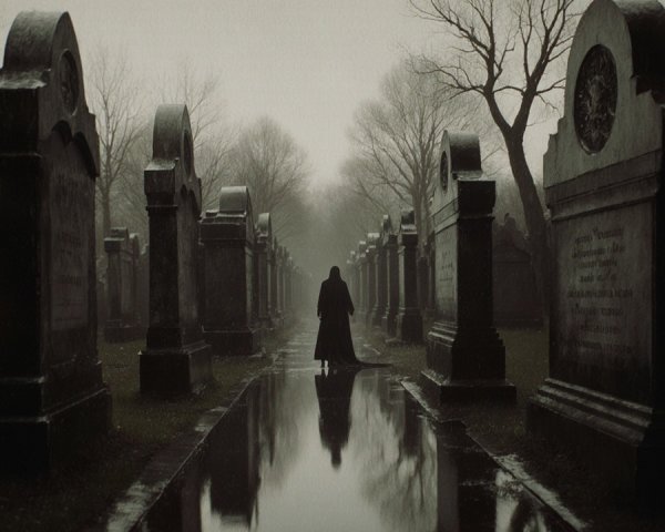 Solitary Figure in Misty Graveyard with Tombstones