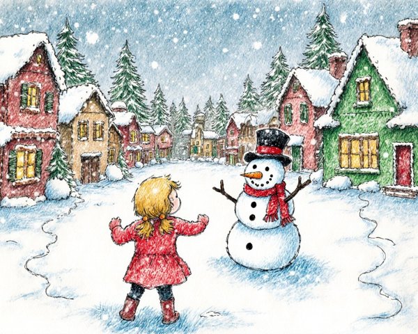 Winter Scene with Girl, Snowman, and Snowy Village