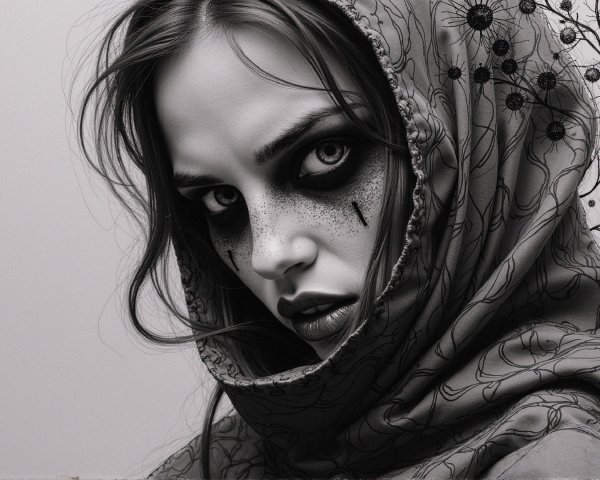Striking Female Figure with Dark Makeup and Scarf
