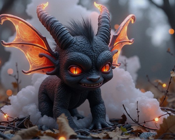 Mischievous creature with fiery wings in enchanted forest