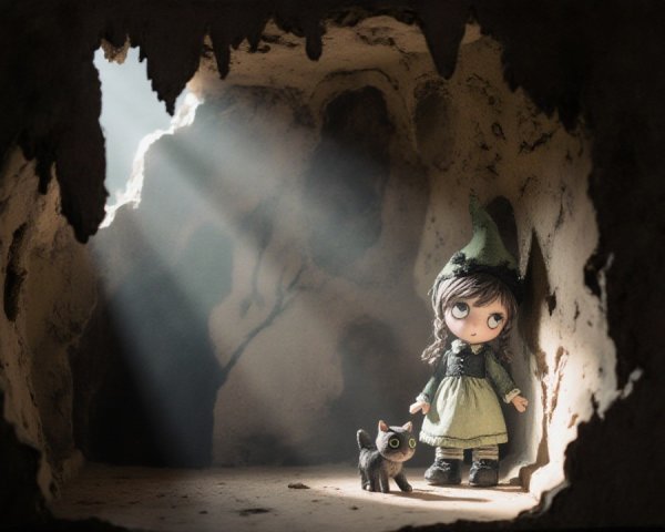 Whimsical Doll and Cat in a Dimly Lit Cave