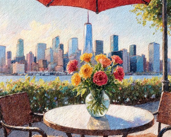 City Skyline with Wicker Chairs and Colorful Flowers
