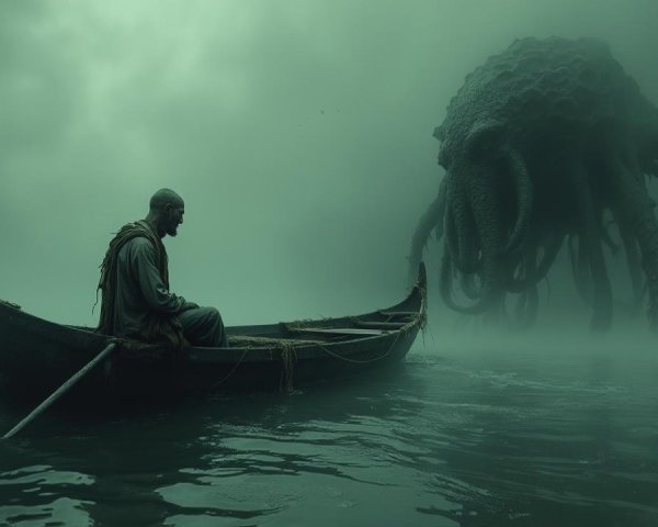 Solitary Figure in Boat Amidst Fog and Tentacled Creature