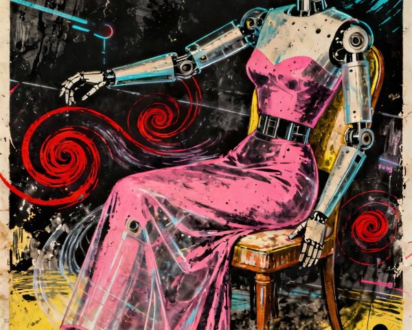 Robot Woman with Human Face in Pink Dress and Chair