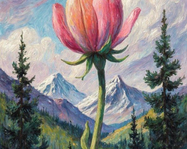Vibrant Pink Flower Against Majestic Mountain Backdrop