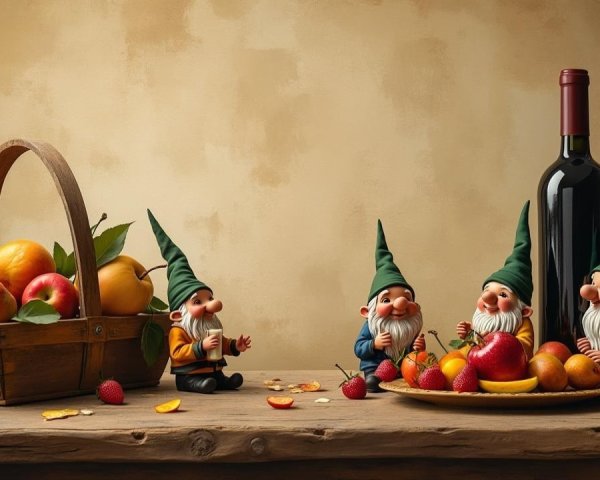 Cheerful gnomes gather around a rustic wooden table