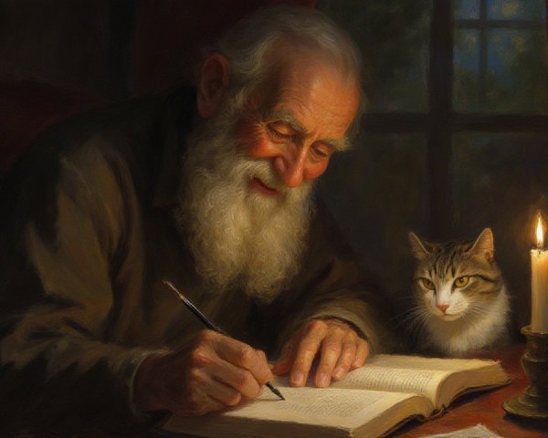 Elderly Man Writing by Candlelight with Cat Nearby