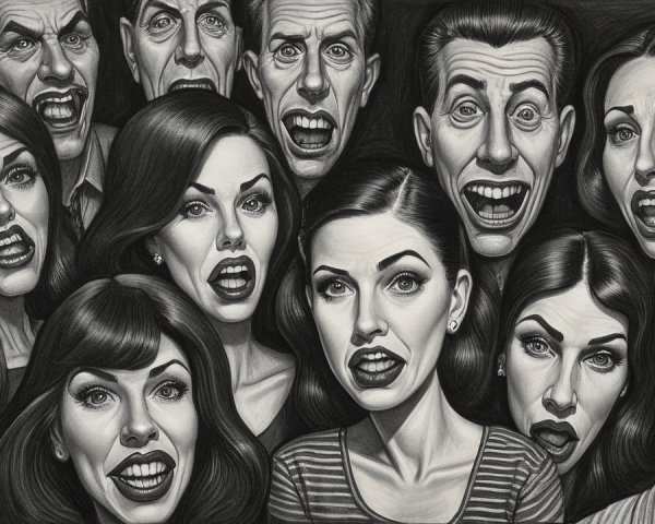 Black and white illustration of shocked individuals' faces