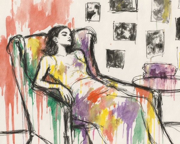 Abstract Artwork of a Reclining Woman in Colorful Gown