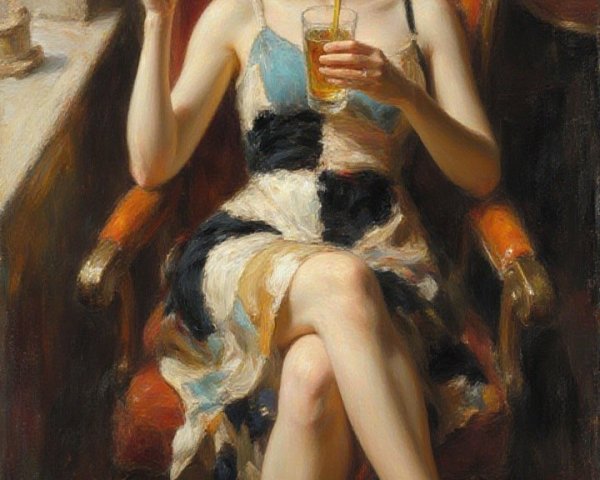 Elegant Woman in Colorful Dress in Red Armchair