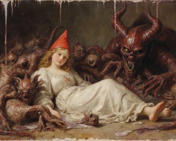 Girl in White Dress Amid Dark, Eerie Creatures