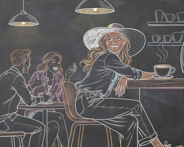 Chalkboard Drawing of a Busy Coffee Shop Scene