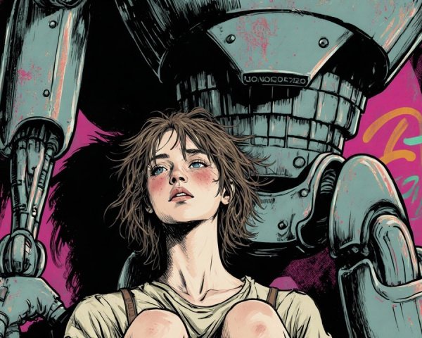 Young Woman and Retro-Futuristic Robot Illustration