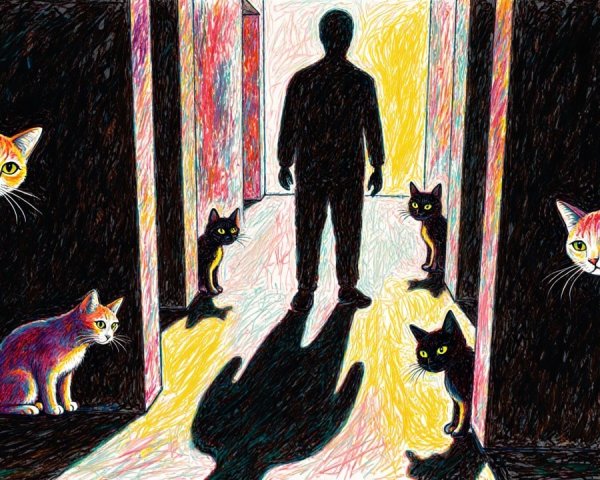 Colorful Corridor with Silhouetted Figure and Cats