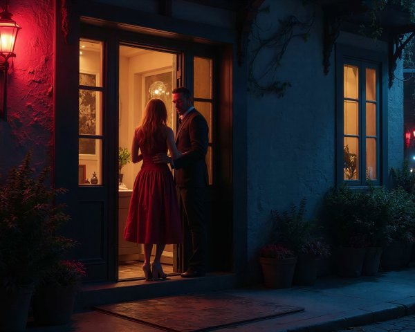 Couple in Brightly Lit Building Entryway at Night