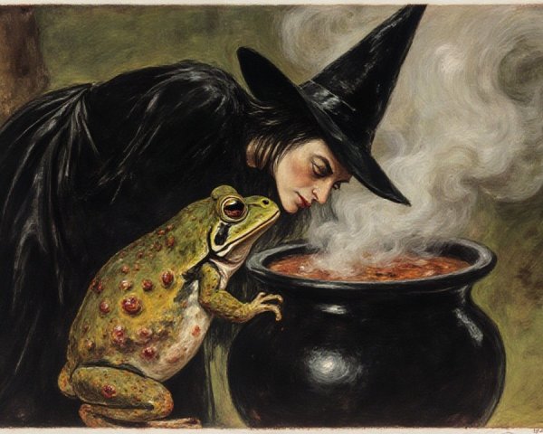 Witch with Cauldron and Colorful Frog in Dark Setting