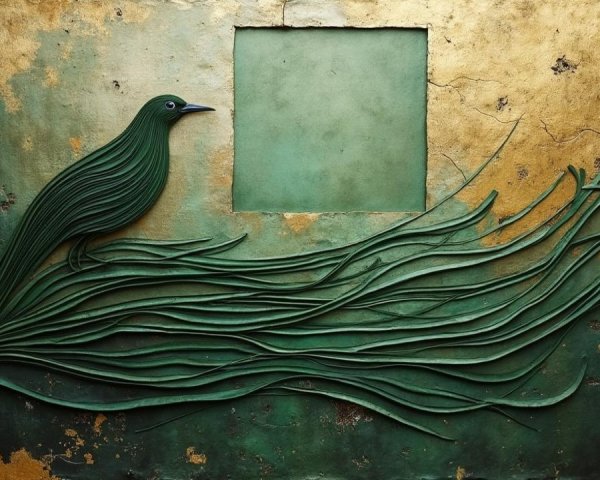 Stylized Green Bird on Abstract Vine with Gold Background