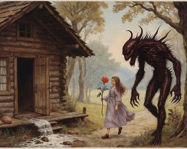 Young girl in lavender dress near rustic log cabin