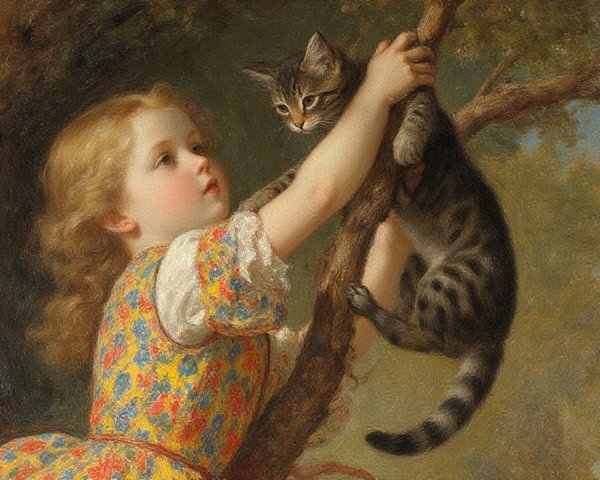 Young girl in floral dress interacts with tabby cat