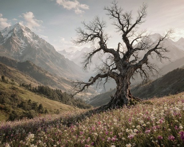 Gnarled Tree in Vibrant Meadow with Snow-Capped Mountains