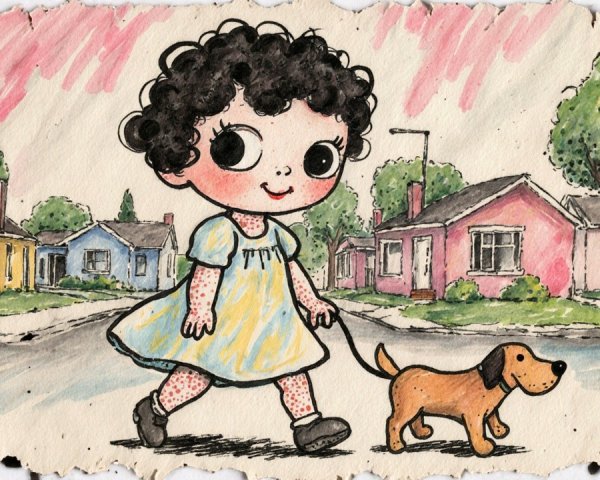 Cheerful girl in blue dress walks with brown dog