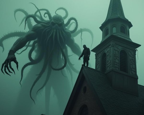 Mythological Sea Creature Overlooks Quaint Church Scene
