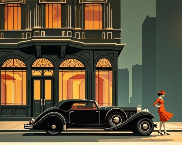 Vintage Black Car by Art Deco Building with Woman