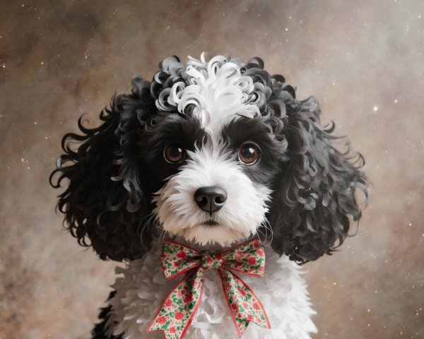 Fluffy Black and White Dog with Bow Tie in Dreamy Setting