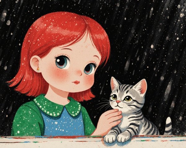 Young girl with red hair and cat by window at night