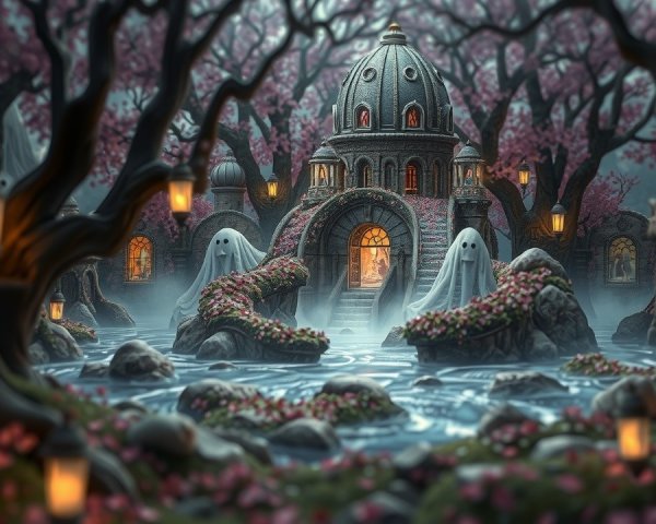 Twilight Scene with Ornate Building and Cherry Trees