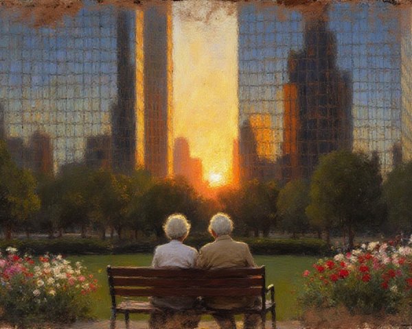 Elderly Couple Enjoys Sunset in Urban Park Setting