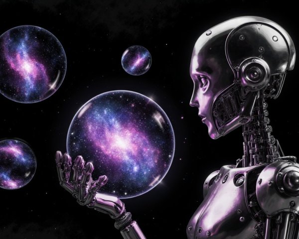 Humanoid Robot with Galaxy Bubbles on Black Background