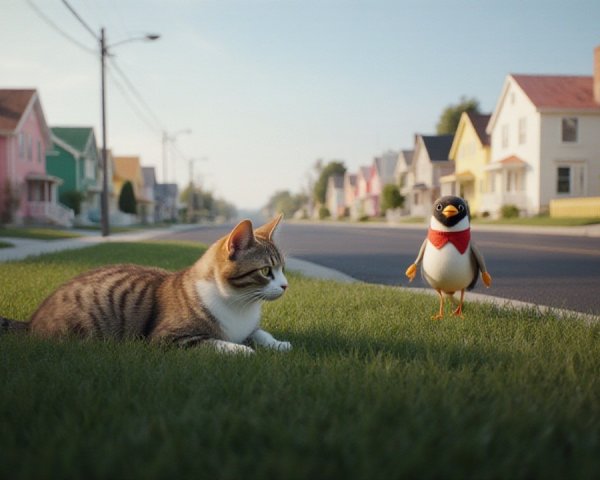 Striped Cat and Cartoon Bird in Vibrant Neighborhood