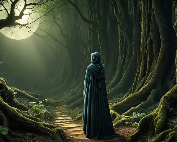 Cloaked Figure in a Mystical Moonlit Forest