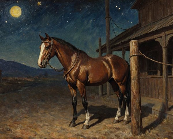 Majestic Brown Horse Under Starlit Sky and Rustic Setting