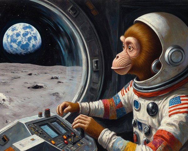 Monkey in Space Helmet Inside Lunar Module Control Room