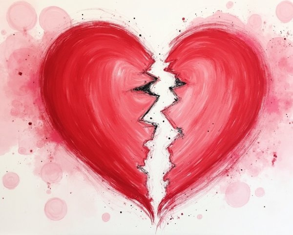Large Red Heart with Jagged Crack Symbolizing Heartbreak