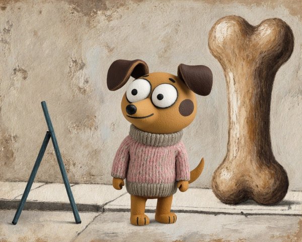 Cartoonish Dog in Cozy Setting with Whimsical Bone