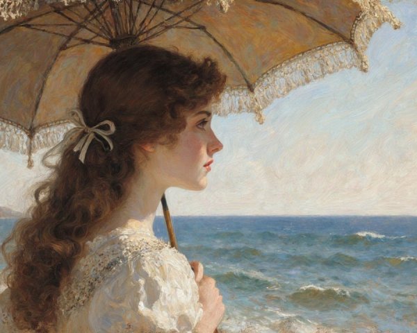 Young woman with lace parasol by the ocean