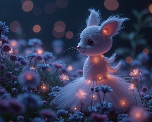 Fluffy White Creature in Twilight Flower Field