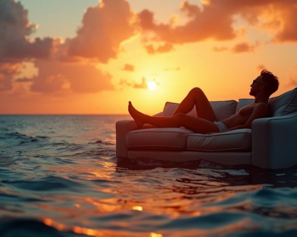 Serene Sunset Over Tranquil Ocean with Young Man