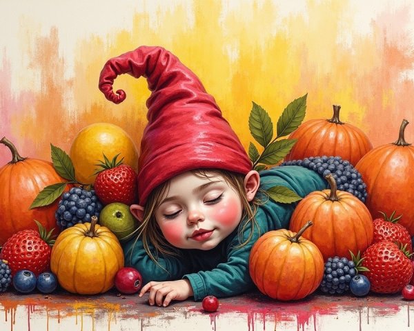 Child in red gnome hat sleeping among colorful fruits