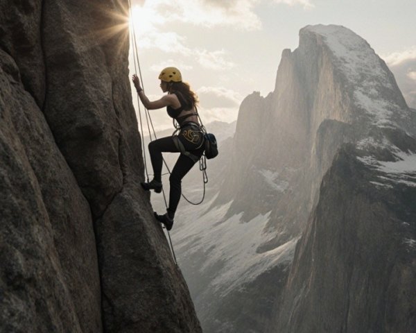 Climber on Cliffside with Mountainous Sunset View